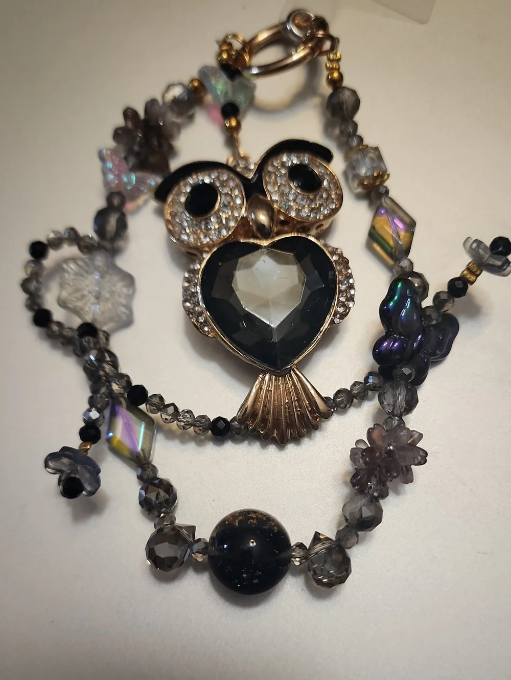 Gold Owl Phone Charm with Black Heart Crystal